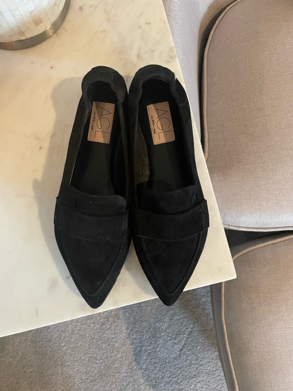 AGL Black Suede Pointed Loafer with White Trim - Picture 3 of 10